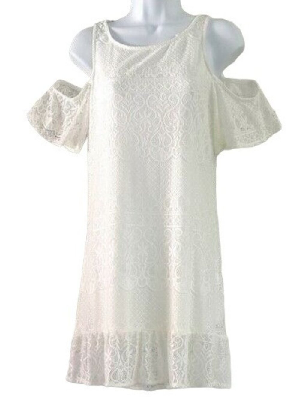 Sheinside Dress Lace Cream Small Short Sleeve Crochet Cold Shoulder Sheath Lined